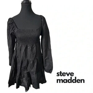Steve Madden  | Black Smocked Puff Sleeved Peasant Mini Dress | Size M [24]